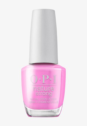 Pink OPI Nature Strong neglelakflaske med naturligt oprindelse og hvid hætte, vist mod en ensfarvet baggrund.