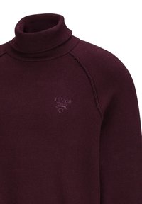 Burgunderfarbener Pullover mit hohem Kragen, gerippte Bündchen und Raglanärmeln. Verfügt über ein strukturiertes Logodetail auf der Brust. Weicher Stoff, lässiges Design.
