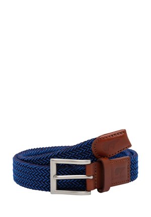 Ceinture en tissu bleu tressé avec un motif en chevrons, dotée d'une sangle en cuir marron et d'une boucle en métal argenté.