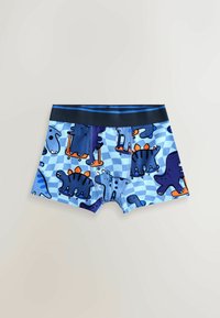 Zili zili apakšbikses ar jautru dinozauru rakstu tumši zila un oranža krāsā. Mīksta auduma, ar tumši zilu jostasvietu un pārbaudītu fona.
