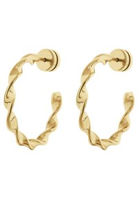 Orecchini a cerchio dorati intrecciati con una finitura lucida. Ogni orecchino presenta una forma circolare e un design a spirale testurizzato.