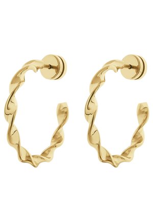 Goldene, gedrehte Creolen mit glänzender Oberfläche. Jede Ohrstecker hat eine kreisförmige Form und ein strukturiertes Spiraldesign.