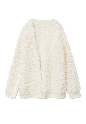 Crèmegekleurde gebreide cardigan met lange mouwen, open voorkant en een gestructureerd ontwerp van lusvormig garen.