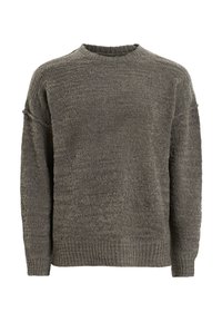 Gray cotton sweater with a textured knit, crew neck, and long sleeves. Features ribbed cuffs and hem, with slightly dropped shoulders.