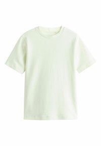T-shirt blanc uni à manches courtes et col rond, présenté sur un fond blanc, avec une coupe standard et sans logos ni motifs visibles.