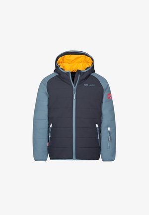Navy and light blue padded jacket with a hood, yellow interior, zippers, and side pockets. Features logo and Norwegian flag detail.