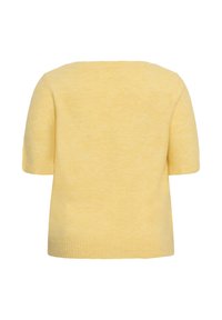 Pull jaune doux à manches courtes avec une encolure ronde et des poignets et un bas côtelés, montré de dos.