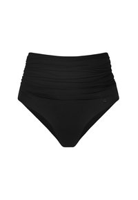 Czarne bikini o wysokim stanie z marszczonym materiałem w pasie, gładką fakturą i detalem logo z boku.