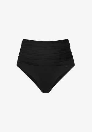 Czarne bikini o wysokim stanie z marszczonym materiałem w pasie, gładką fakturą i detalem logo z boku.