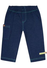 Donkerblauwe katoenen broek met een elastische taille, zijzak, contrasterende groene stiksels en een label van stof aan de zijkant.