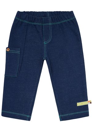 Dunkelblaue Baumwollhosen mit elastischem Bund, Seitentasche, kontrastierendem grünen Nähten und einem Stoffetikett an der Seite.