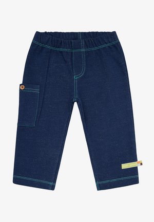 Dunkelblaue Baumwollhosen mit elastischem Bund, Seitentasche, kontrastierendem grünen Nähten und einem Stoffetikett an der Seite.