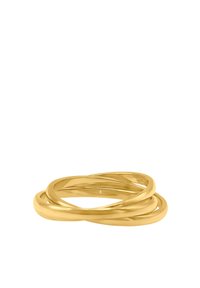 Gulltonet ring med sammenflettede bånd med en glatt, skinnende overflate. Designet inkluderer buede former og overlappinge detaljer.