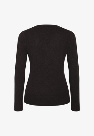 Zwarte langebloesem trui, gestructureerde gebreide stof, ronde halslijn, aansluitende pasvorm, geribde mouw- en onderranden, minimalistisch ontwerp, effen kleur.