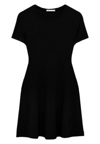 Robe noire à manches courtes en tissu côtelé, dotée d'un col arrondi et d'une silhouette évasée, sans motifs ni accents supplémentaires.