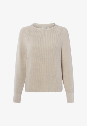 Beige gebreide trui met ronde hals, lange mouwen en geribbelde manchetten, met een gestructureerd steekpatroon en merklabel aan de binnenkant van de kraag.