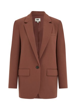 Üherealne pruun bleiser sälguga, ühe nupuga, kahe esipluusiga ja ühe rinnataskuga.