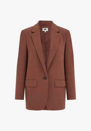 Üherealne pruun bleiser sälguga, ühe nupuga, kahe esipluusiga ja ühe rinnataskuga.