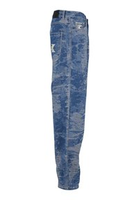 Denim jeans in a blue camouflage pattern, with a straight-leg design, featuring two back pockets and subtle branding on the waistband.