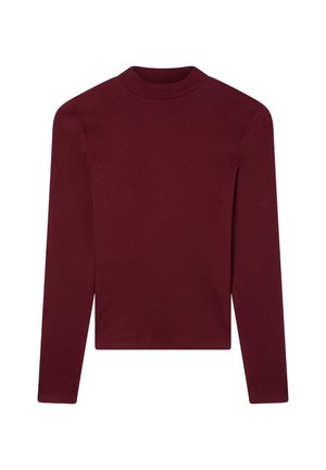 Top lungo a maniche con costine color bordeaux, collo alto e silhouette aderente. Realizzato in tessuto morbido, privo di loghi o decorazioni visibili.