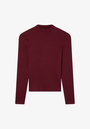 Top lungo a maniche con costine color bordeaux, collo alto e silhouette aderente. Realizzato in tessuto morbido, privo di loghi o decorazioni visibili.
