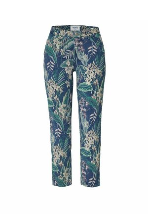 Blue slim-fit pants with green leafy and white floral print, front pockets, and a button closure, labeled "TONI" at the waistband.