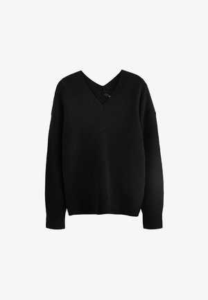 Černý žebrovaný pletený svetr s hlubokým výstřihem do V, volným střihem a dlouhými rukávy. Texturovaná tkanina s jemným elastickým efektem a spadlými rameny.