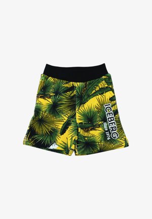 Pantaloncini per bambini con stampa di foglie tropicali gialle e verdi, fascia in vita nera e scritta "ICEBERG since 1974" sulla gamba destra.