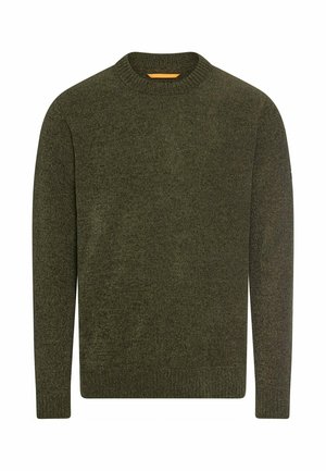 Dark green knitted crewneck sweater with long sleeves and ribbed cuffs, hem, and neckline on a white background.
