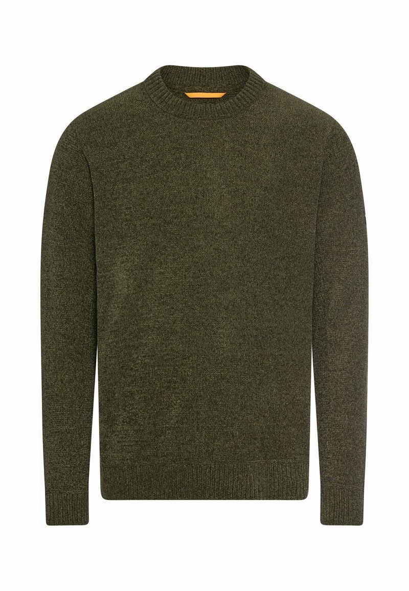 Dark green knitted crewneck sweater with long sleeves and ribbed cuffs, hem, and neckline on a white background.