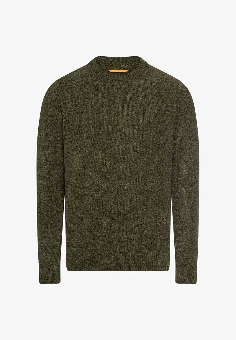 Dunkelgrüner gestrickter Rundhalsausschnitt-Pullover mit langen Ärmeln sowie gerippten Bündchen, Saum und Kragen auf weißem Hintergrund.