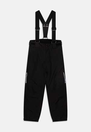 Crne vodootporne hlače s podesivim naramenicama, prednjim gumbom, bočnim džepovima i reflektirajućim detaljima na donjim nogavicama.