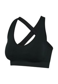 Schwarzer Sport-BH aus glattem Stoff mit gekreuzten Rückenriemen und einem dehnbaren, gerippten Saum unten für zusätzlichen Halt.