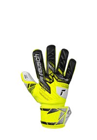 Guanto da portiere Reusch con un design nero e giallo neon, impugnatura testurizzata e supporto per il polso rinforzato con motivi e dettagli elaborati.