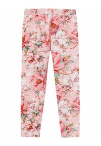 Legginsy w kwiaty na różowym tle, z dużymi kwitnącymi kwiatami w odcieniach czerwieni i kremu oraz zielonymi akcentami. Elastyczny pas.