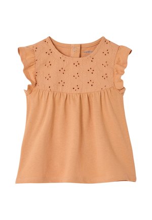 Sleeveless toddler top in light brown with ruffled armholes, floral eyelet embroidery on yoke, and snap button closure at back neckline.