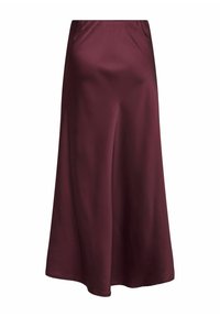 Lång, vinröd satin kjol med en slät yta och elastisk midja, flödande design och en fåll som når till vaderna.