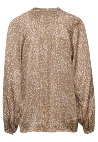 Brown blouse with a colorful polka dot pattern in pink and white, featuring balloon sleeves and a gathered neckline. Textured fabric finish.