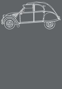 Bílá linie kresby vintage auta s oble tělem, dvěma dveřmi, zakřivenou střechou a kulatými koly na tmavě šedém pozadí.