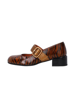 Brown and orange leather Mary Jane shoe with tiger stripes, a rectangular buckle, and a low black block heel. Smooth texture, rounded toe.