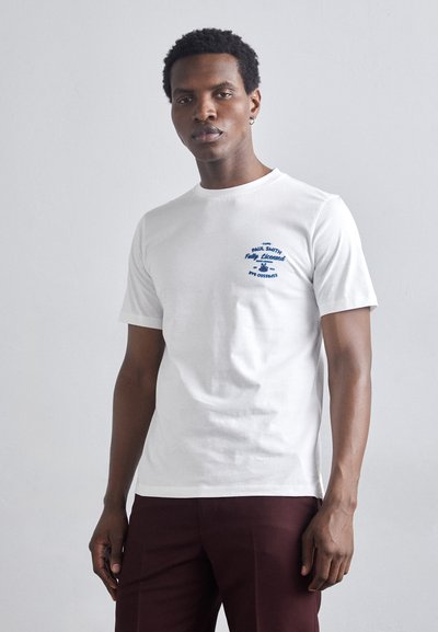White cotton t-shirt featuring a blue embroidered logo on the left chest; short sleeves, crew neck, and a relaxed fit.