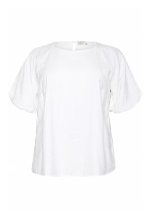 Blusa bianca a maniche corte con scollatura rotonda, maniche leggermente a sbuffo e chiusura a forsiera sul retro. Realizzata in tessuto leggero.