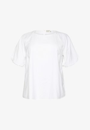 Weiße Bluse mit kurzen Ärmeln, rundem Ausschnitt, leicht puffigen Ärmeln und einem Schlüsselaugenverschluss im Rücken. Hergestellt aus leichtem Stoff.