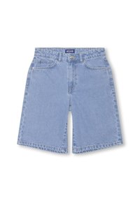 Svetlo modri jeans kratki hla�če s ravnim krojem, ki imajo dva sprednja žepa, gumbasto zapiranje in vodoravne šive na robu.