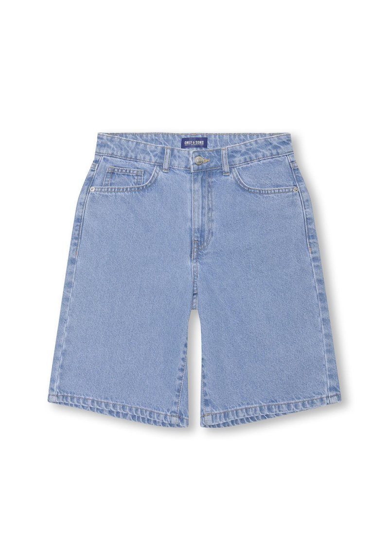 Svetlo modri jeans kratki hlače s ravnim krojem, ki imajo dva sprednja žepa, gumbasto zapiranje in vodoravne šive na robu.