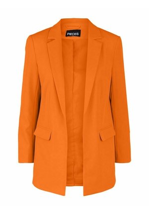 Blazer femme orange vif avec revers crantés, manches longues, poches à rabat et devant ouvert de la marque Pieces.