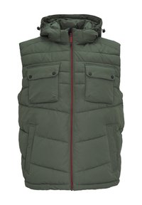 Grüße gepolsterte Weste mit Kapuze, ausgestattet mit zwei Brusttaschen, Seitentaschen und einem Frontreißverschluss mit rotem Akzent. Strukturiertes, gestepptes Design.