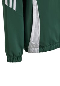 Grüne Sportjacke mit weißen Akzenten, elastischen Bündchen und einer Seitentasche. Hergestellt aus glattem, leichtem Material. Drei weiße Streifen auf der Schulter.