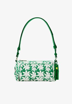 Borsa a mano verde con motivo floreale realizzata in tessuto testurizzato, con chiusura a zip, dotata di una tracolla regolabile verde e un'etichetta con il marchio.