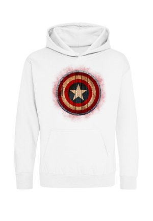 Sweat à capuche blanc avec un imprimé graphique usé du bouclier de Captain America sur la poitrine.